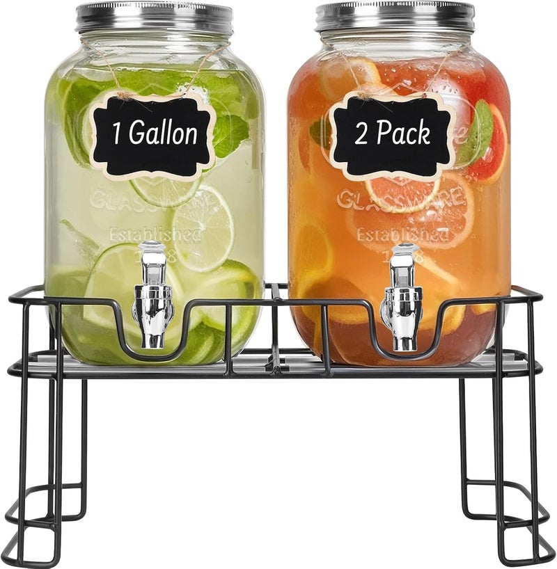 DHSBTLS 1 Gallon Glass Drink Dispensers, 2 Pack Clear Beverage Dispenser for Party, BBQ and Picnic, Juice Dispenser with Ice Core, Black Stand, Spigot, Markers and Chalkboard - Image 1